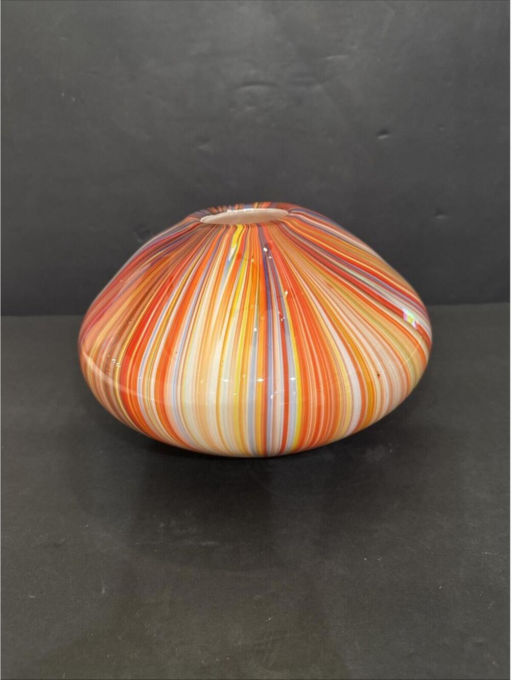 MCM Hand Blown Art Glass Vase Orange Multicolor Swirl 10" W By  6.5” H